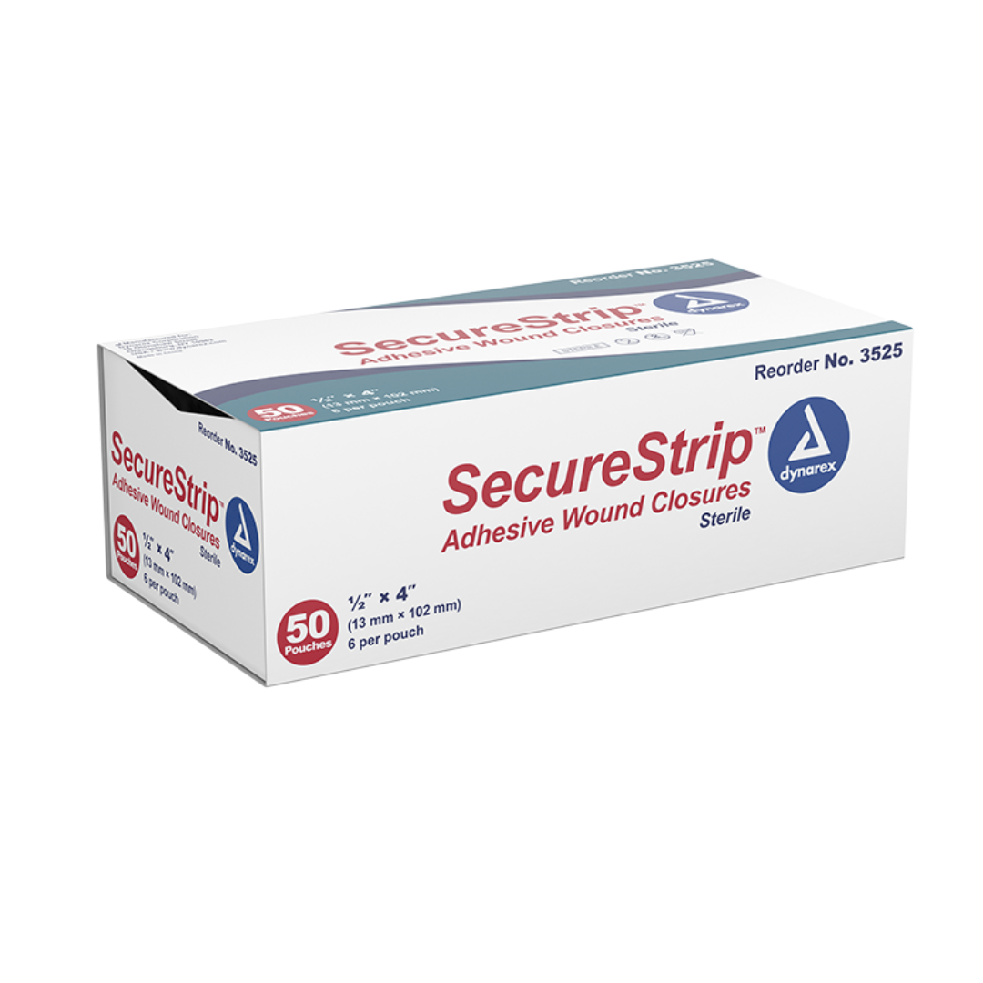A white box labeled Dynarex Wound Closure Strips - Sterile, reorder No. 3525, contains 50 pouches of sterile adhesive wound strips (1/2" x 4") for medical use and dependable wound support.